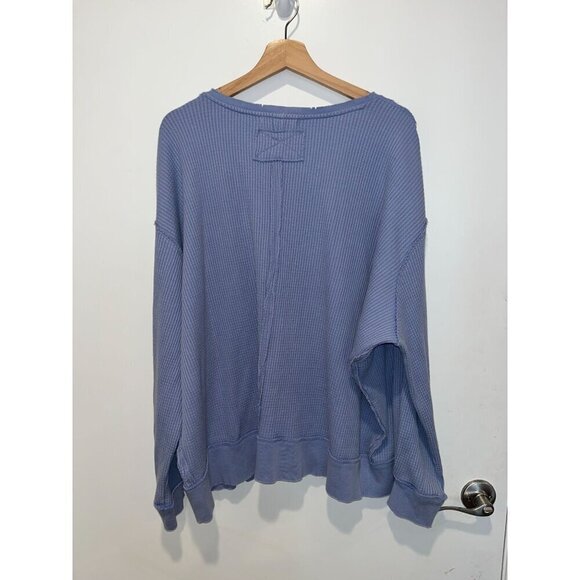 Free People Coraline Blue Waffle Knit V-Neck Oversized Pullover Sweater Medium - Picture 6 of 9